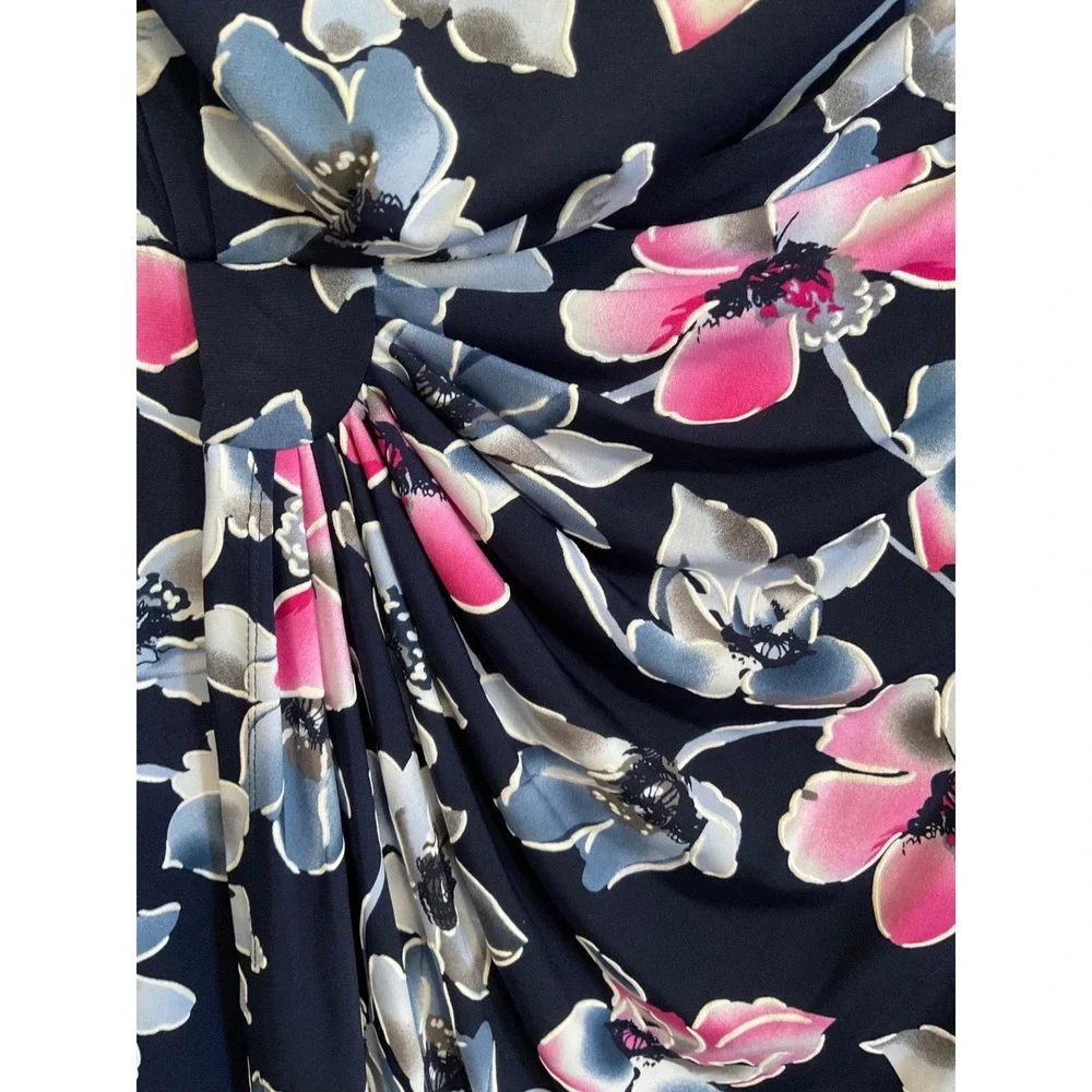 Connected Apparel Navy Blue Pink Floral Ruched Sheath Dress 8P TDZ30796‎